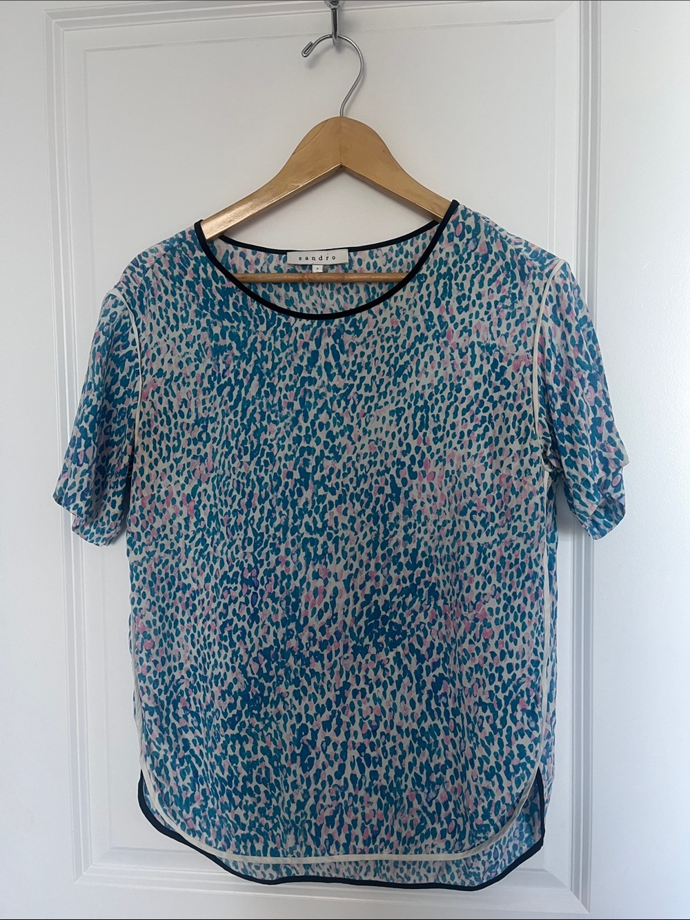Sandro Teal and Pink Leopard-Print Silk Top